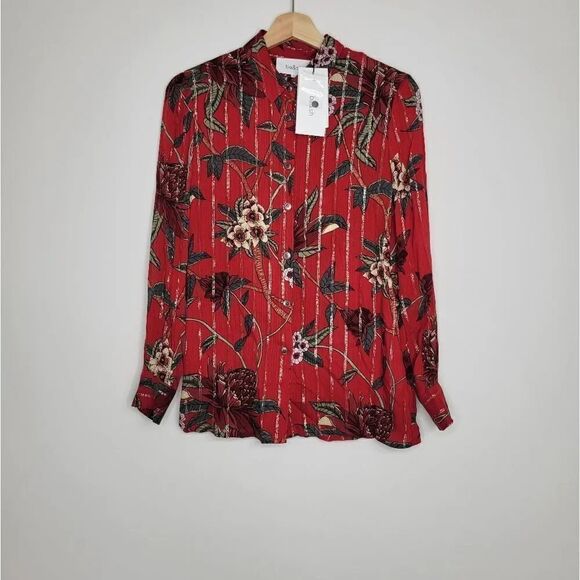 NWT ba&sh Petunia Floral-Print Metallic Jacquard Shirt in Rouge - Picture 5 of 12